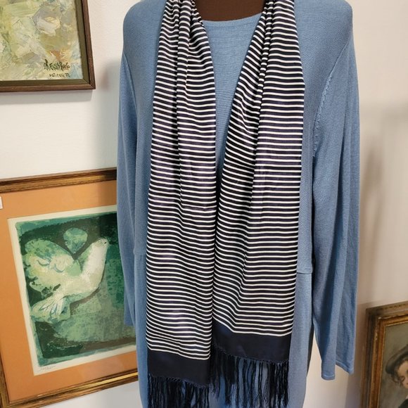 Versatile Rectangular Blue and White 100% Silk Scarf - Picture 2 of 4